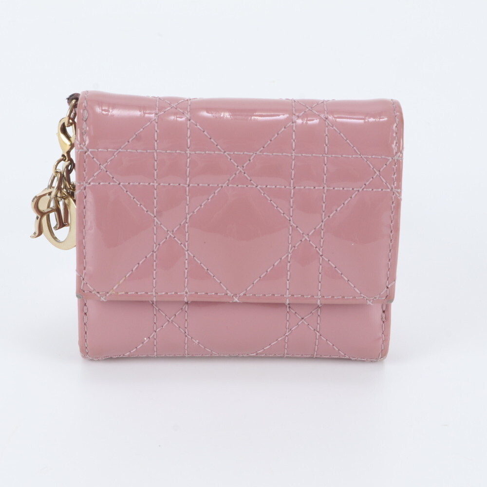 Christian Dior Lady Lotus Wallet Leather Tri-fold Cannage Women's
